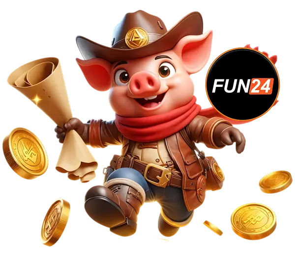 FUN24 ภาพตัวการ์ตูนหมูคาวบอยถือปืนกับเหรียญทองกระเด็นรอบตัว พร้อมโลโก้วงกลม สไตล์สล็อตคาสิโนออนไลน์