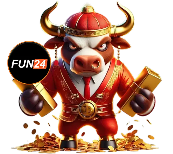 FUN24 ภาพตัวการ์ตูนวัวกระทิงใส่ชุดจีนสีแดงถือทองคำ พร้อมโลโก้วงกลม สไตล์สล็อตคาสิโนออนไลน์