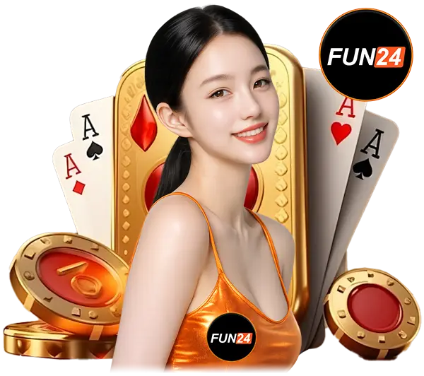 FUN24 ภาพผู้หญิงคู่ไพ่เอซหัวใจและโพดำ พร้อมชิปคาสิโนโทนทองแดง โลโก้วงกลมมุมภาพ สไตล์เว็บคาสิโนออนไลน์
