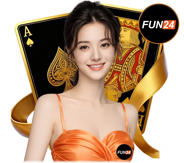 FUN24 ภาพผู้หญิงถือไพ่เอซ พื้นหลังโทนทองดำพร้อมโลโก้วงกลม สไตล์คาสิโนออนไลน์พรีเมียม