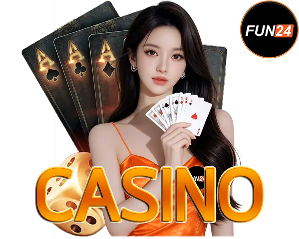 FUN24 ภาพคาสิโนผู้หญิงถือไพ่ พื้นหลังโทนส้มทอง พร้อมตัวอักษร CASINO สีทองเด่นสไตล์เว็บเดิมพันออนไลน์