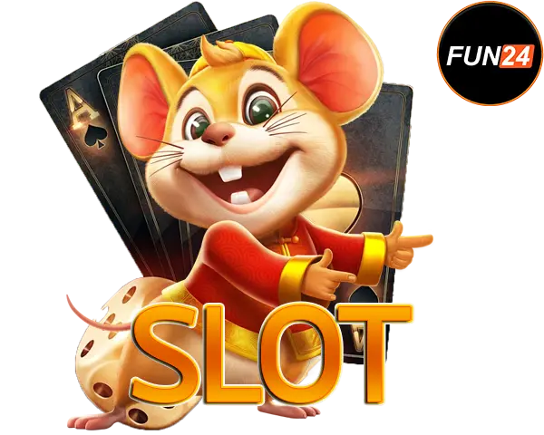 FUN24 ภาพไอคอนเกมสล็อตหนูการ์ตูนน่ารักถือไพ่ พร้อมตัวอักษร SLOT สีทองสดใส สไตล์คาสิโนออนไลน์