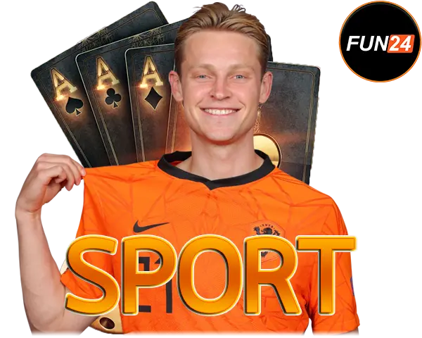FUN24 ภาพหมวดกีฬา ผู้ชายสวมเสื้อสีส้มถือไพ่ พื้นหลังโทนเทา พร้อมตัวอักษร SPORT สีส้มเด่น สไตล์เว็บเดิมพันออนไลน์